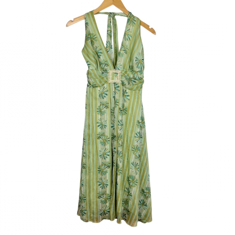 A.P.N.Y Halter Midi Dress Size 10 Green Floral Gold Metallic Fairy Y2K - Picture 7 of 7